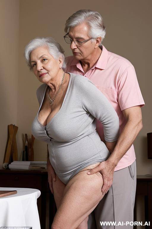 a grandmother is bent over kneading while her male tutor approaches her from behind groping her breasts and pushing his hips on her buttocks - #main