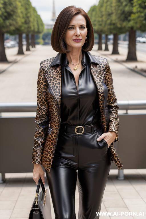 leopard pattern leather coat, black leather trousers, high resolution picture, very detailled face, highly closed blouse, on a sunny terrace - #main