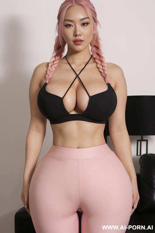 a half-korean and half-japanese supermodel, gorgeous and 15cm tall, wearing ((kawaii pink pants)) and a ((black crop top with a deep plunging neckline)) that perfectly accentuates her big, huge, - #main