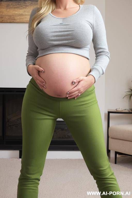 pregnant portuguese woman, short sweatshirt, top, green pants, in the living room - #main