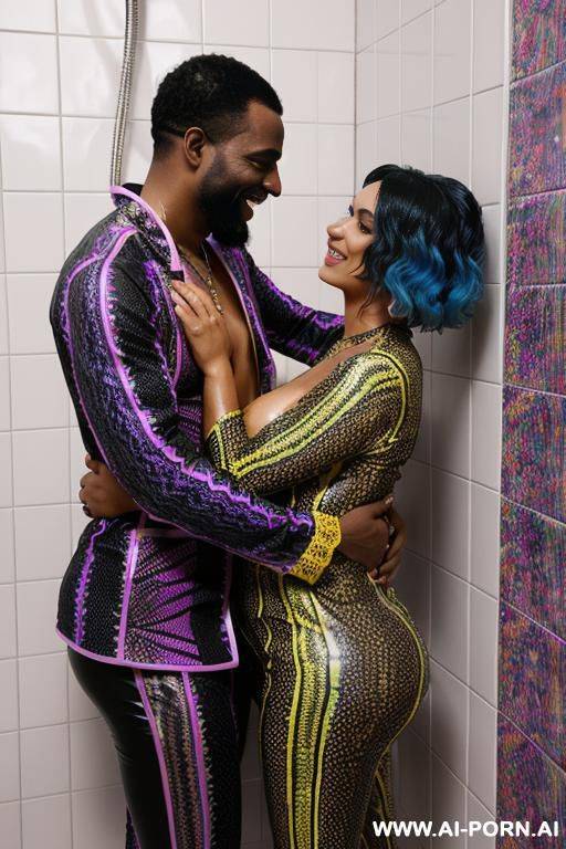 smiling curvy busty white egyptian wife with messy short hair fully naked hugged from old black homeless man in shower - #main