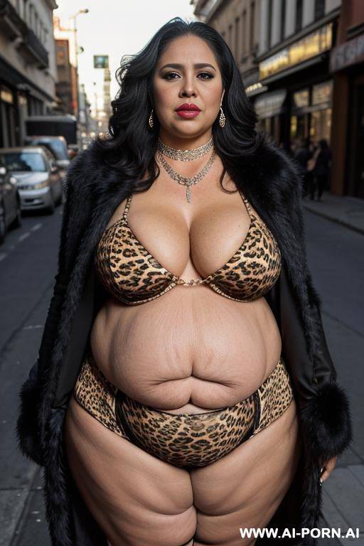 latina, fat old milf, animal print hooker outfit, gigantic huge saggy boobs, necklace, chocker, elry, street night, waist shot - #main