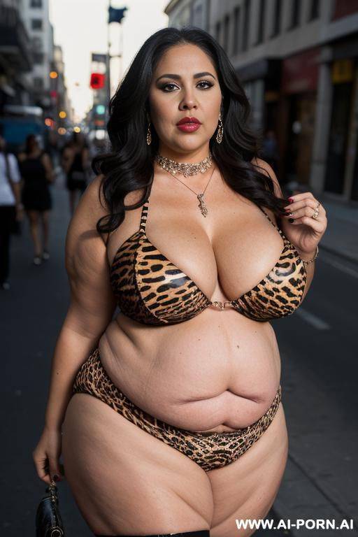 latina, fat old milf, animal print hooker outfit, huge saggy boobs, necklace, chocker, elry, street night, waist shot - #main