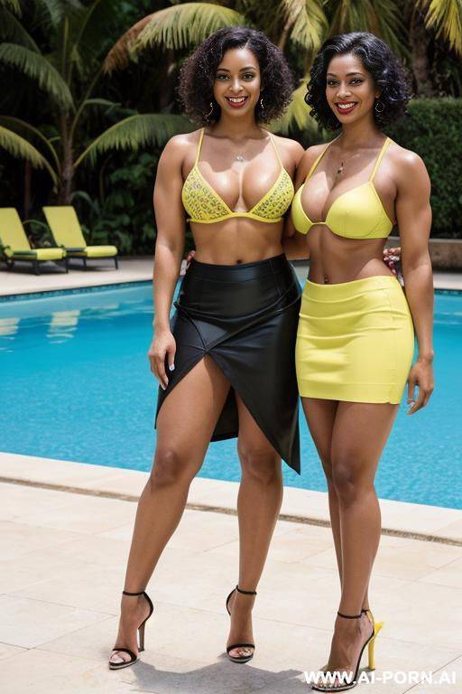 indians, short curly hair, fit, abs, muscles, navel piercing, big ass, lime bra, yellow skirt, tall, looking at camera, full body, stiletto, 2 women next to each other - #main