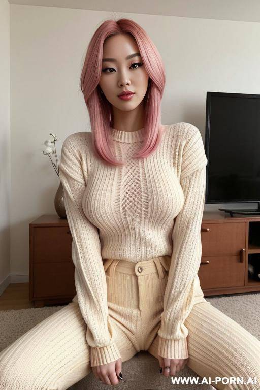 half-japanese and half-korean and 15cm tall, wearing a cream-colored cable-knit sweater, a matching cream-colored corduroy pants which accentuatets her slender legs and a pair of plush socks. her - #main