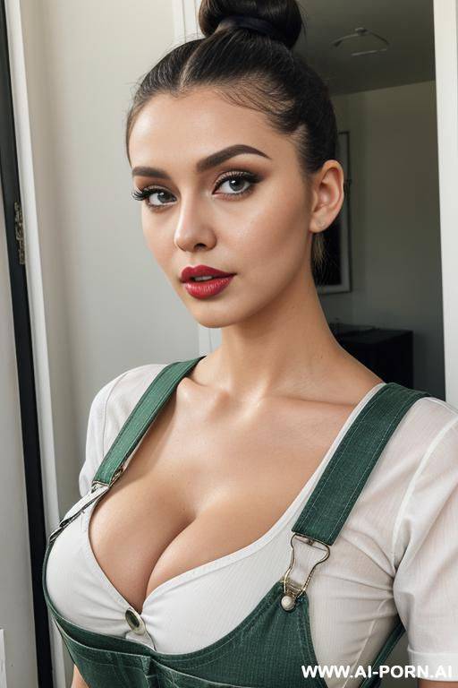 tight green overalls tight white shirt cleavage makeup thick lips - #main