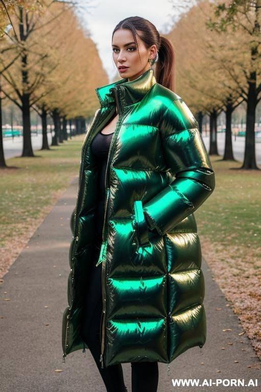 brunette standing in park , (((gigantic oversized shiny green puffer coat))), eye contact - #main