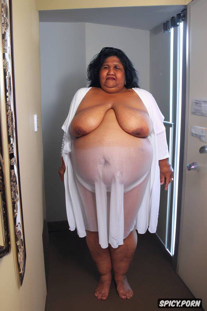 wearing a sheer tight white night gown, fupa, an old fat saudi granny - #main