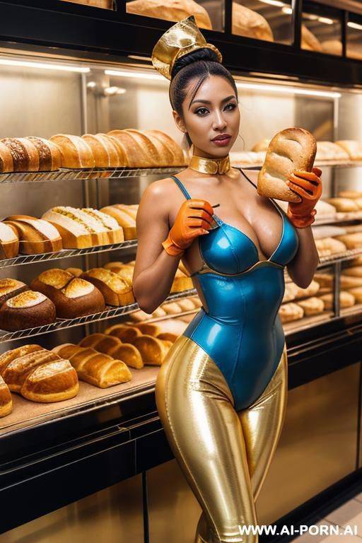 gold and light blue, latex, tanned asian, bunny woman leotard with leggings, gold ponytail, long gloves, - #main