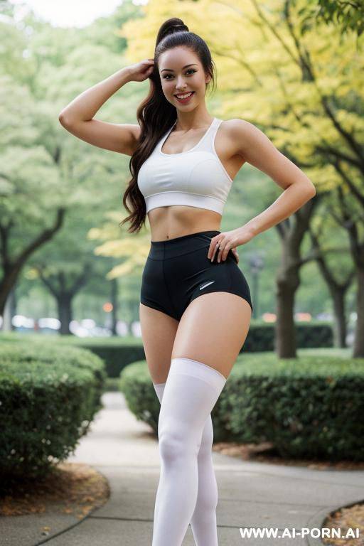 (top a sports bra), bottom a high leg panties, very wide thighs , (white knee-high socks), front view, very wide waist, very thick thighs, very thick waist - #main