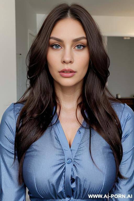 id photo style, square shaped face, big full puffy lips, high cheekbones, pointy chin, strong jawline, purplish blue eyes, very long flowing hair, strong jawline, facing camera, - #main