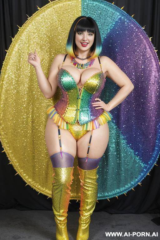 japanese，rainbow sequin corset，tutu skirt， mesh robe，rainbow sunny yellow sequin bra ,necklace，rainbow print large pointed thigh-high boots - #main