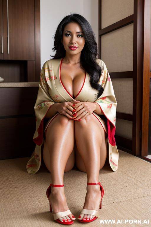 beautiful busty, tan colombian woman wear kimono, full body till feet, red toes, ankle strap heels, - #main