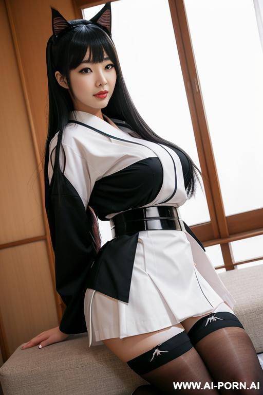 japanese woman uniform, japanese uniform, thighhighs and skirt, cat ears and tail, white stockings, front view, full body shot, long black hair, park, nsfw, wide thighs, wide waist, thick thighs, - #main