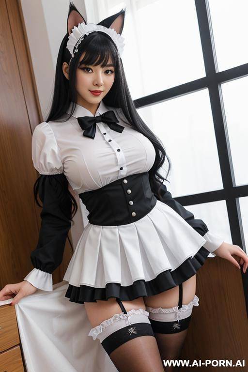 japanese frilly outfit uniform, thighhighs and skirt, cat ears and tail, white stockings, front view, full body shot, long black hair, park, nsfw, wide thighs, wide waist, thick thighs, thick - #main