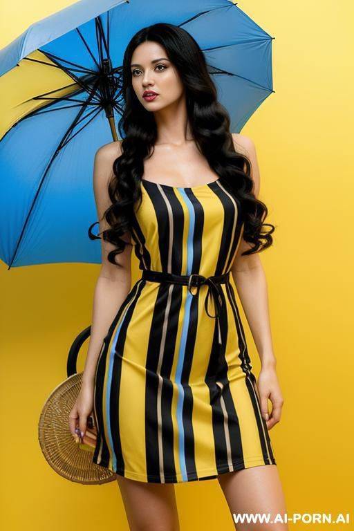 woman long hair short yellow blue striped dress yellow blue background yeelow umbrella - #main