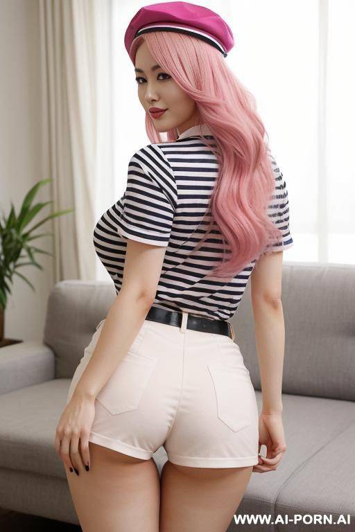 half-japanese and half-korean and 15cm tall, wearing a french beret and a striped shirt, looking very chic. her figure is absolutely perfect - a narrow waist that contrasts beautifully with her - #main