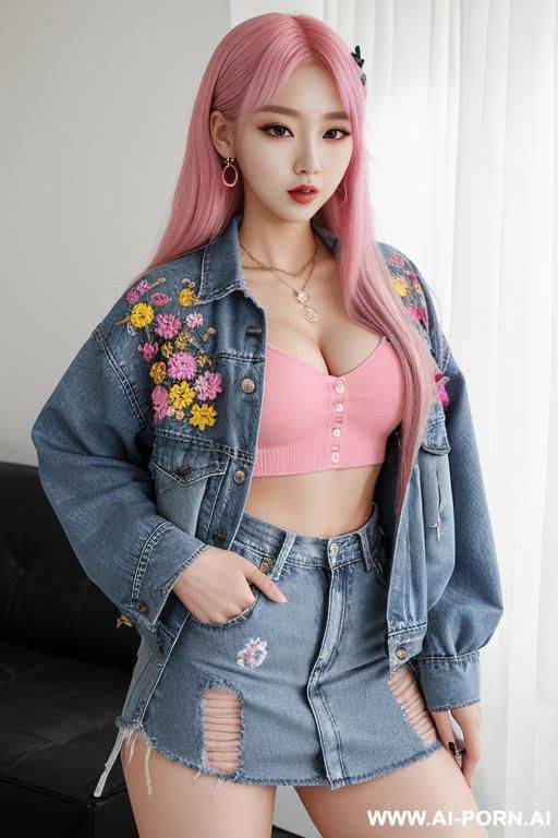 half-japanese and half-korean and 15cm tall, wearing a boldly colored k-pop idol outfit including a high-waisted plaid pattern skirt. the plaid pattern is bold and eye-catching including colors like - #main