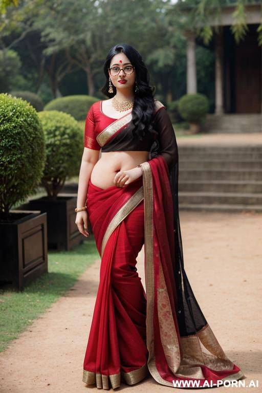 pale skin, cute, beautiful, indian woman, round glasses, round boobs, red saree, chubby, full body - #main