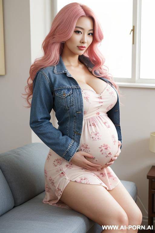 pregnant half-japanese and half-korean and 1cm tall, wearing a beautiful sundress with floral patterns paired with a denim jacket. her figure is absolutely perfect - a narrow waist that contrasts - #main