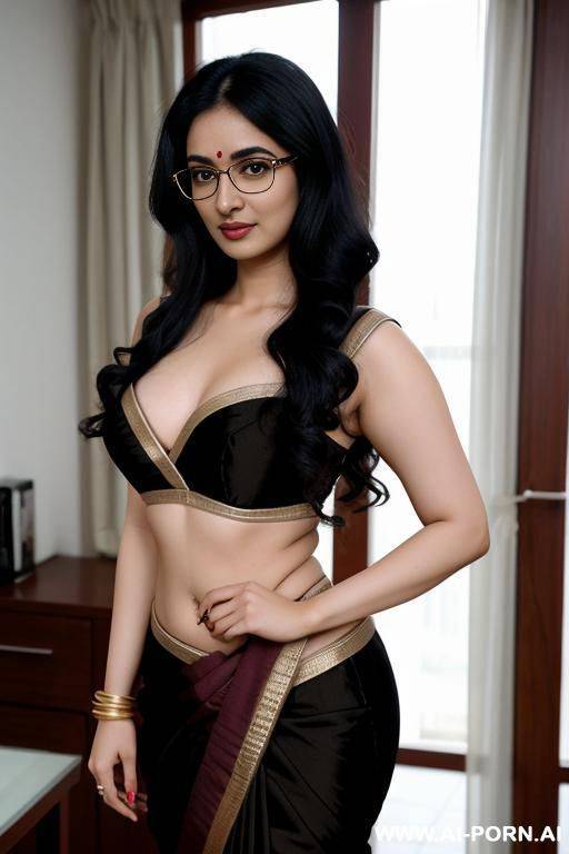 pale skin, cute, beautiful, indian woman, round glasses, round boobs, saree, flashing navel - #main