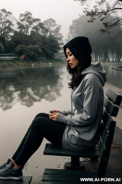 wearing a hoody. outside. foggy weather. grey colours. sitting on a bench next to a river. sad. melancholy. calm. dusk. looking at river - #main