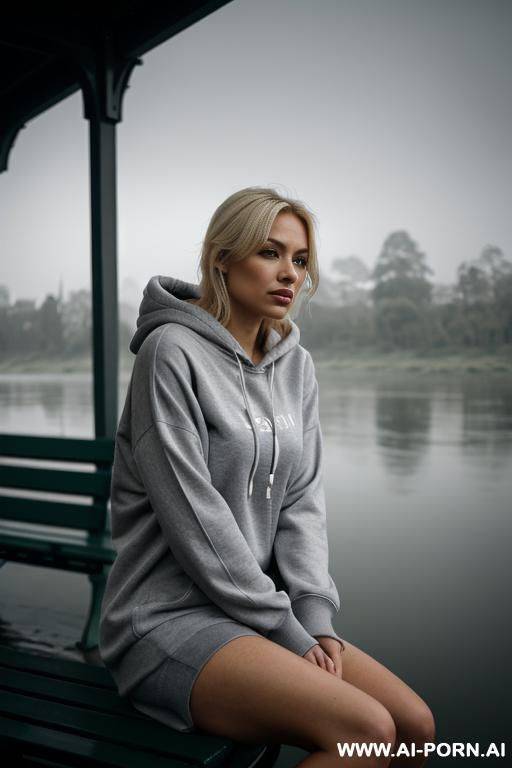 wearing a hoody. outside. foggy weather. grey colours. sitting on a bench next to a river. sad. melancholy. calm. dusk. blonde - #main