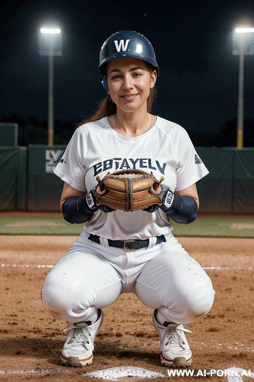 mom, spanish , wearing baseball catcher helmet, wearing baseball catcher glove, squatting, m weather at night, looking ahead, on rainy baseball field, wet skin, tight wet white t-shirt, shorts fitted whites - #main