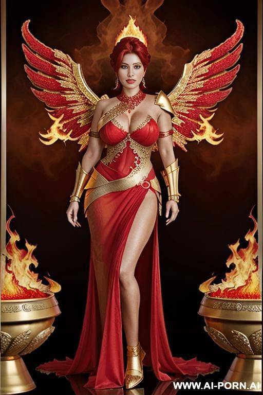 goddess of fire, red hair, (((firey wings))), strapless red dress, massive boobs, ruby necklace, ruby earrings, (((gold shoulder armor))), gold bracelets, (((fire temple))), mother - #main