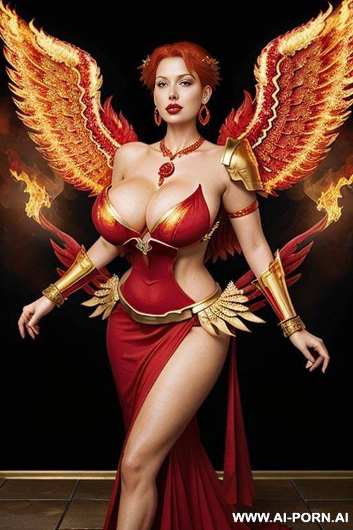 goddess of fire, red hair, (((firey wings))), strapless red dress, (((massive boobs))), ruby necklace, ruby earrings, (((gold shoulder armor))), gold bracelets, (((fire temple))) - #main