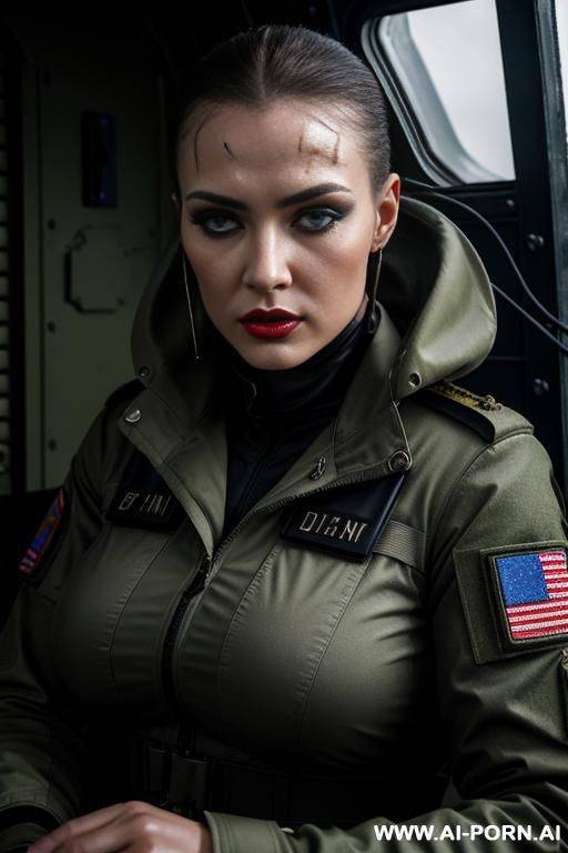 russian ,beauty face, boobs, rainig, military haircut ,wet skin, nasty make up , muscle fit , defiant looking , opening jaquet military ,roof , weather at night ,sitting on cabin helicopter - #main