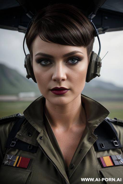 german ,beauty face, boobs, rainig, military haircut , nasty make up , muscle fit , defiant looking , opening jaquet military ,roof , weather at night , staying on cabin helicopter - #main