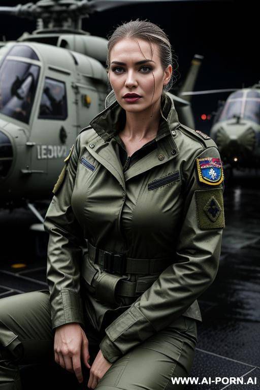 mom, russian ,beauty face boobs, tight military outfit , rainig, wet military haircut ,wet skin, nasty make up , muscle fit , defiant looking , opening jaquet ,roof , weather at night ,sitting on cabin helicopter - #main