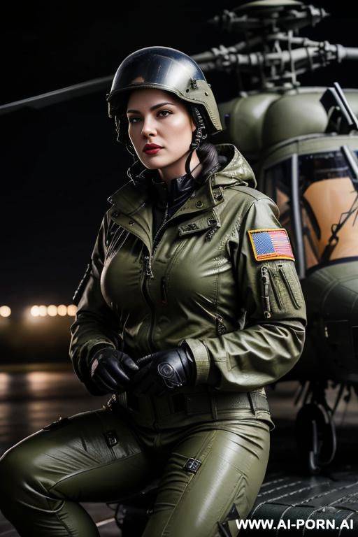 mom, russian ,beauty face boobs, military outfit , rainig, wet military haircut ,wet skin, nasty make up , muscle fit , defiant looking , military pilot helmet on hands, jaquet opening ,roof , weather at night ,sitting on cabin helicopter - #main