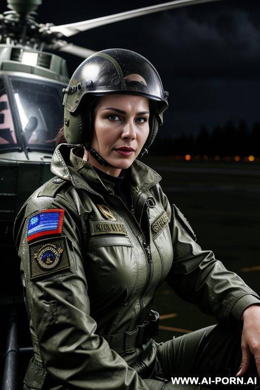 mom, russian , boobs, military outfit , rainig, wet military haircut ,wet skin, nasty make up , muscle fit , defiant looking , military pilot helmet, jaquet opening ,roof , weather at night ,sitting on cabin helicopter - #main