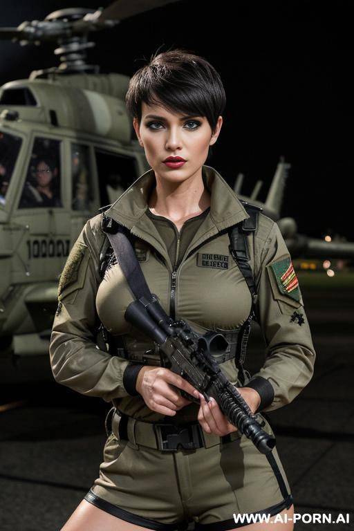 german ,beauty face, boobs, rainig, military haircut , nasty make up , muscle fit , defiant looking ,tight shorts military, neckline camon opening jaquet military ,roof , weather at night , staying on cabin helicopter - #main