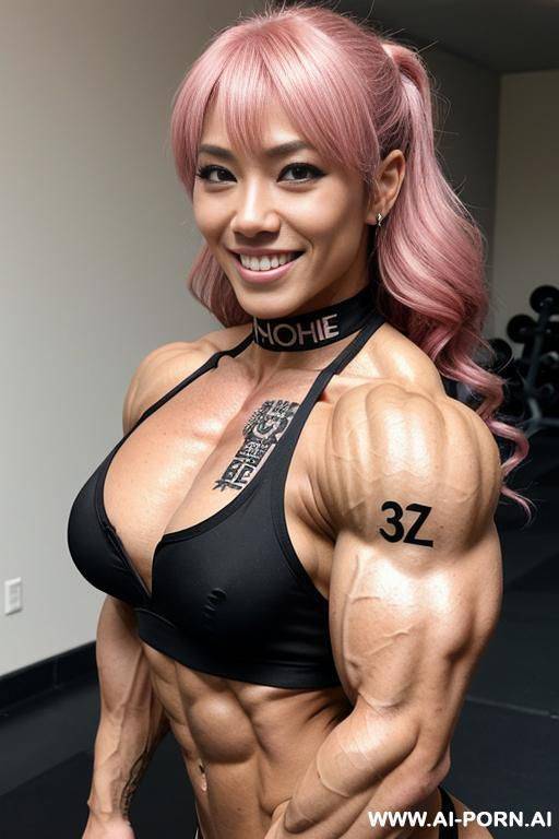 ((female bodybuilder)), hyper muscular, bangs, black hair, tattoos, piercings, choker, ((extremely muscular)), japanese woman - #main