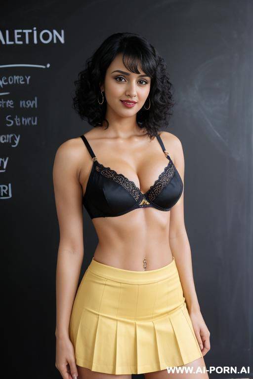 indians, short curly hair, bangs, fit, abs, big ass, arms up, navel piercing, yellow bra, purple pleat skirt, tall, looking at camera, full body, stiletto, 3 women next to each other - #main