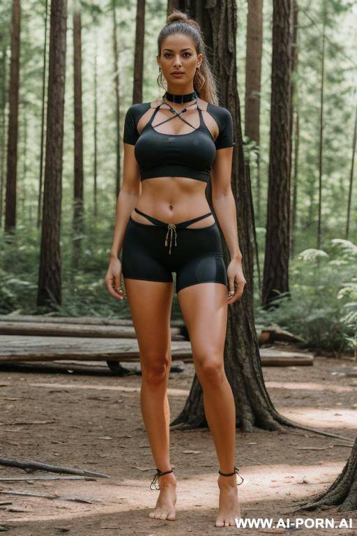 professional grade masterpiece, beautiful defined female, barefoot, (no bra), tight t-shirt), spandex shorts bondage, tied, metal restraints, chains, fetters, metal collar, standing, spread wide, legs spread, evening, forest, american - #main