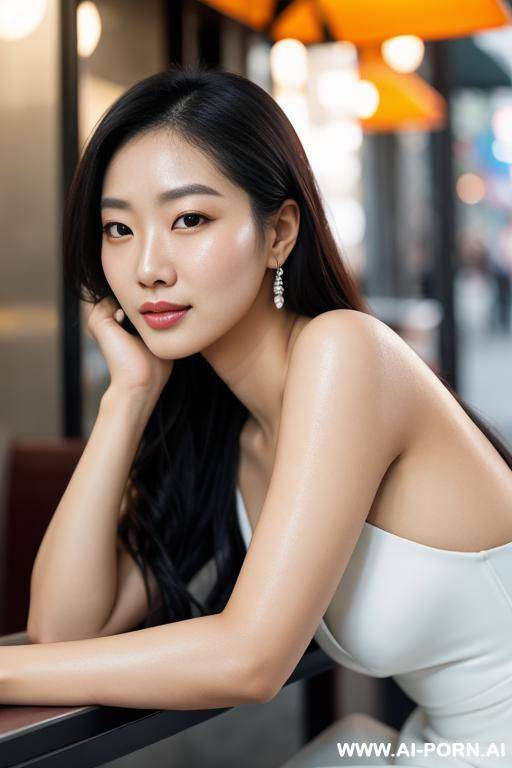 photo of a korean woman, ((detailed face)), highlight hair, sitting outside restaurant, wearing dress, rim lighting, studio lighting, looking at the camera, dslr, ultra quality, sharp focus, tack - #main