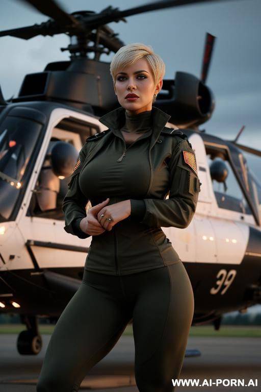 german ,beauty face, boobs, rainig, military haircut , nasty make up , muscle fit , defiant looking , cap back, opening yoga pants military, neckline camon opening jaquet military ,roof , weather at night , standing behind the helicopter - #main