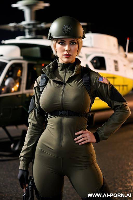 german ,beauty face, boobs, rainig, military haircut , nasty make up , muscle fit , defiant looking , cap back, opening tight yoga pants military, military helmet, neckline camon ,opening jaquet - #main