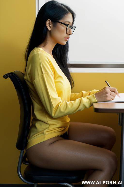 side view of a 20 year old philipina with black hair and glasses, soft nose, soft chin, sitting in a chair, pulled up to at a table writing on a paper, wearing a yellow crew neck t-shirt, naked bottomless, one leg squatted up on the seat against her body - #main