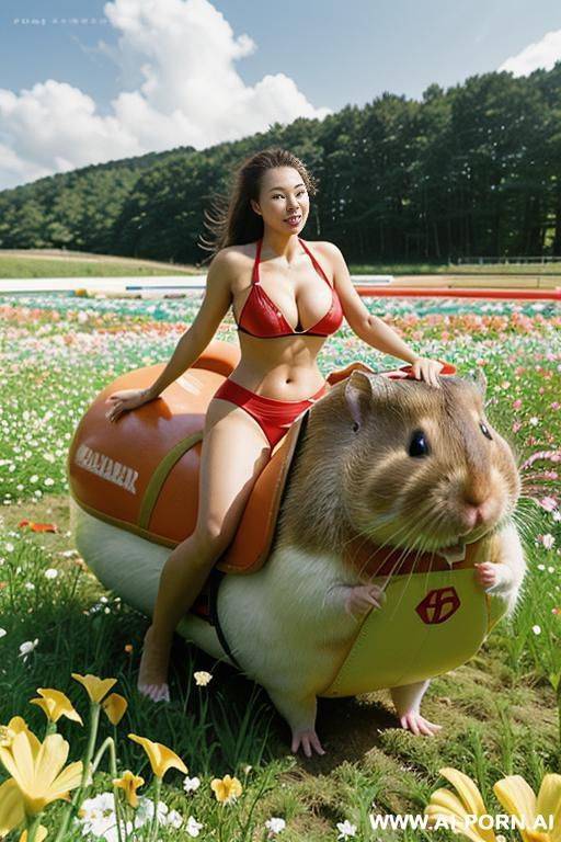 ((riding on a large hamster in a field of flowers)) - #main