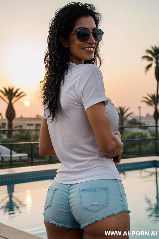 mom, beauty face egyptian ,ground shot, from behind looking, stacking the hand ,wet hair punk pixie , baseball glove , muscle fit ,sunglasses, boobs, tight shorts cotton ,back perfect ass , cotton knotted shirt ,wet skin ,roof , sunset - #main