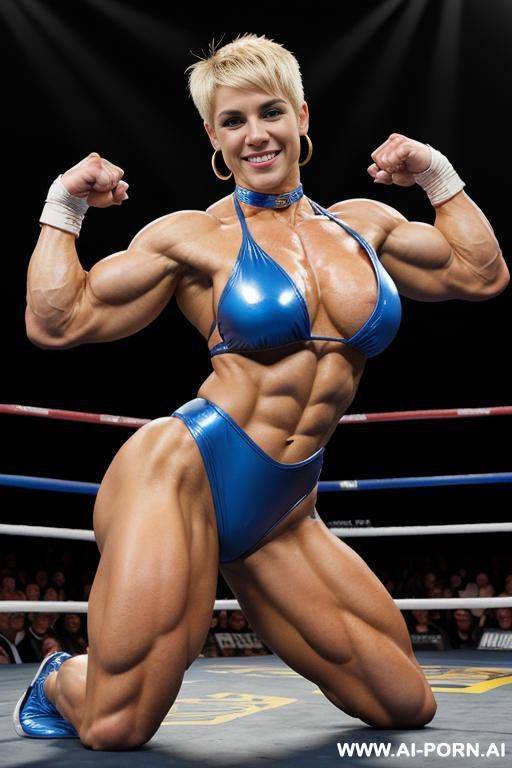 ((female bodybuilder)), muscular, boxing ring, pov, bangs, short hair, bottom view, tattoos, piercings, choker, blonde hair ((extremely muscular)), fighting stance - #main