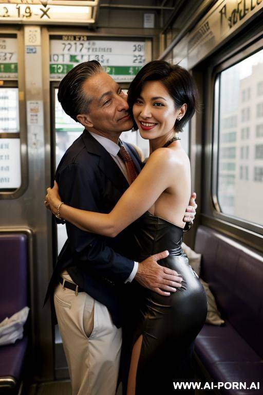 smiling wife with messy short hair fully naked hugged from old homeless man in train - #main