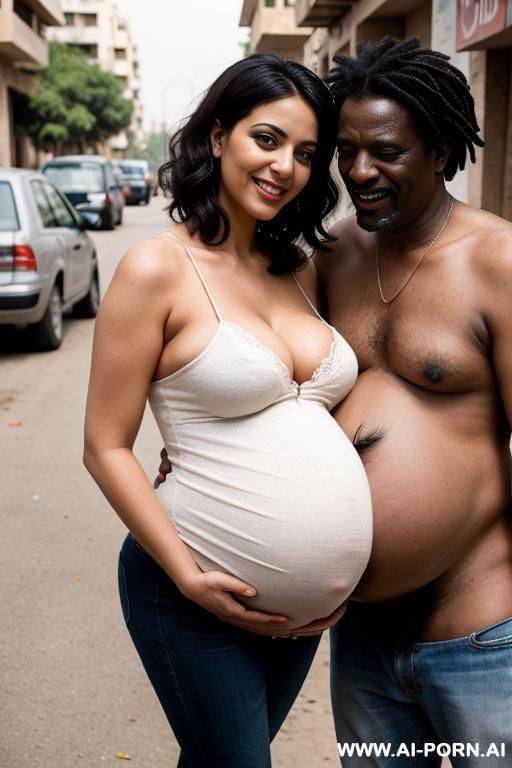 smiling curvy busty egyptian wife with messy short hair fully naked hugged from ugly old black homeless man in mosqui - #main