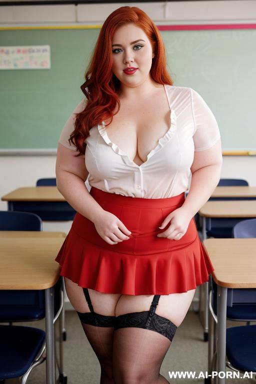 full body photo shot, about at classroom, so chubby and so fat bbw curvy teacher, wearing a sexy and hot micro red ruffle microskirt and elegant micro garter belt top, speaking to the classroom. - #main