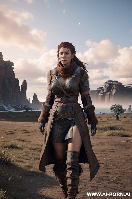 aloy, horizon zero daw, realistic photo game ,same face as character the game, big breasts, hard niplees, s in the face, nude only long open coat, full body view, very hairy pussy, realistic - #main